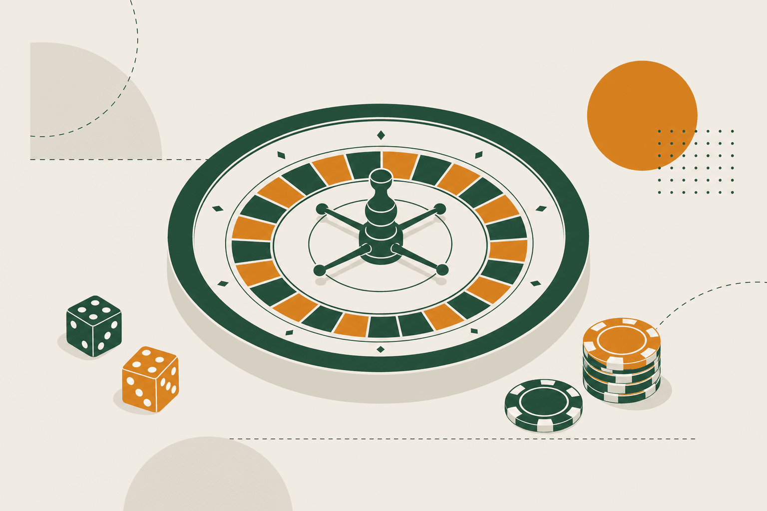 Abstract roulette wheel with dice and chips in forest green and amber