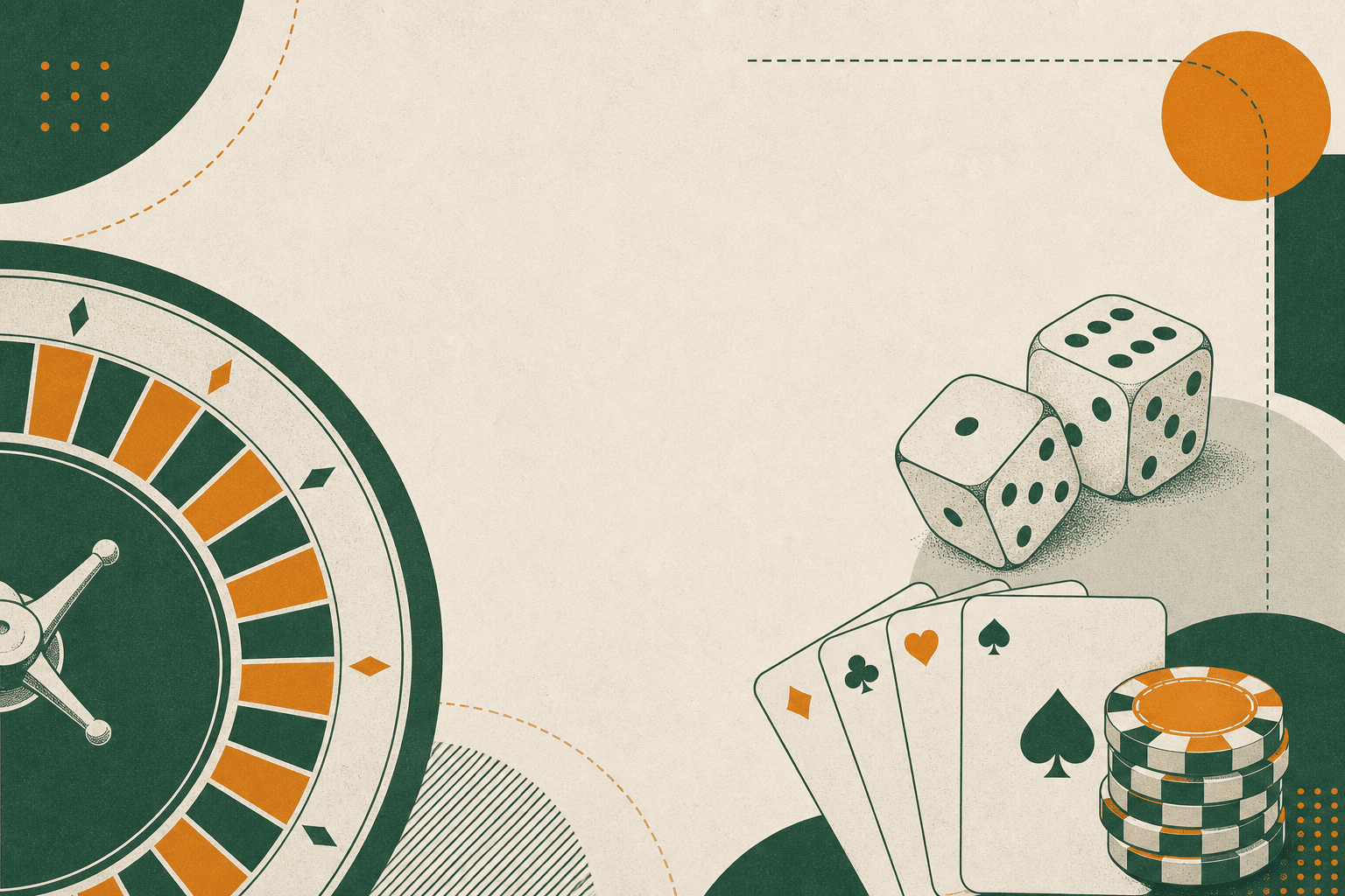 Abstract roulette wheel, dice, cards and chips in forest green and amber