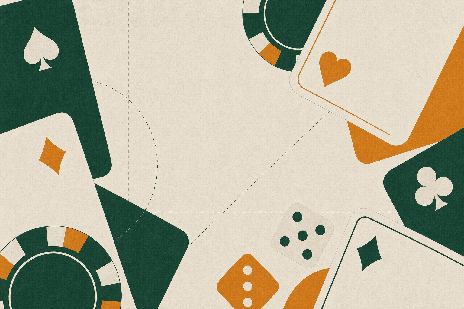 Abstract editorial arrangement of playing cards, chips and dice in forest green and amber