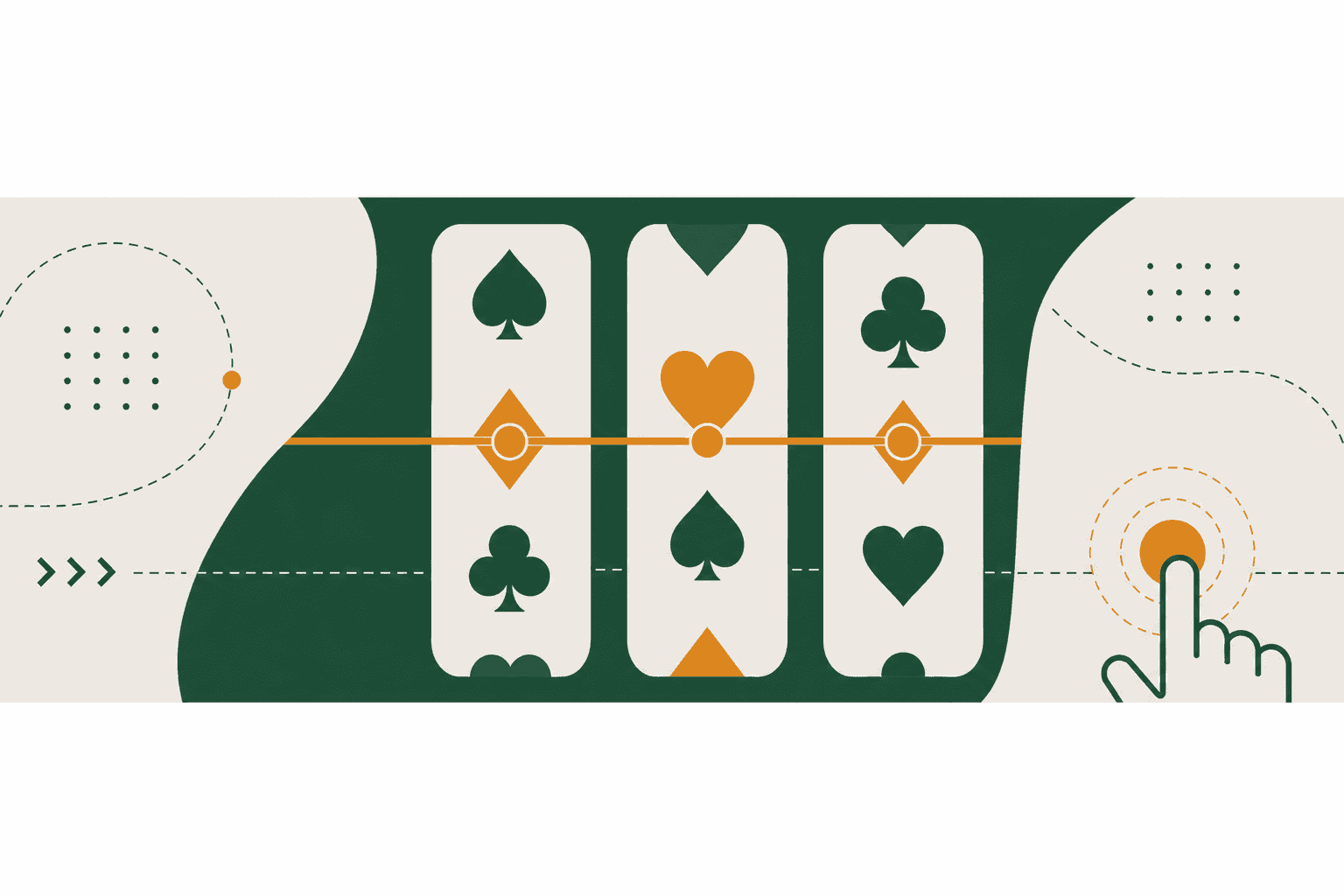 Abstract slot reel banner with a payline and a tap gesture in forest green and amber