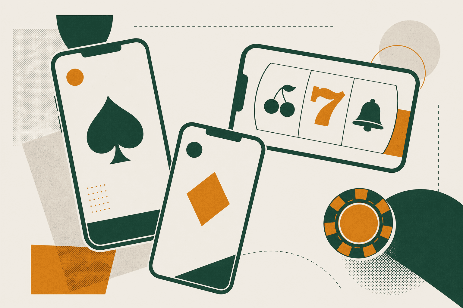 Abstract phones showing card suits and a slot reel, in forest green and amber